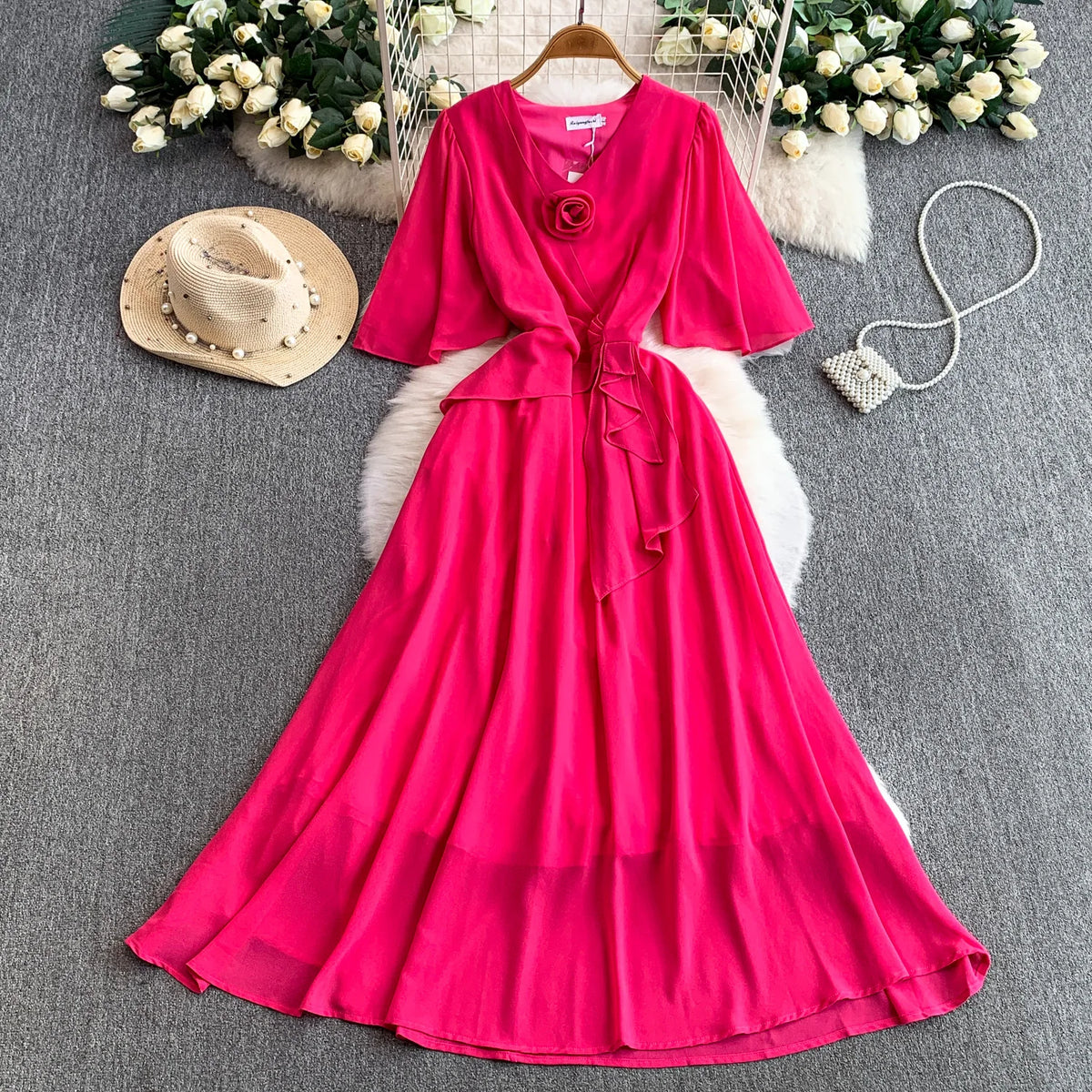 Short Sleeve V-Neck A-Line Dress
