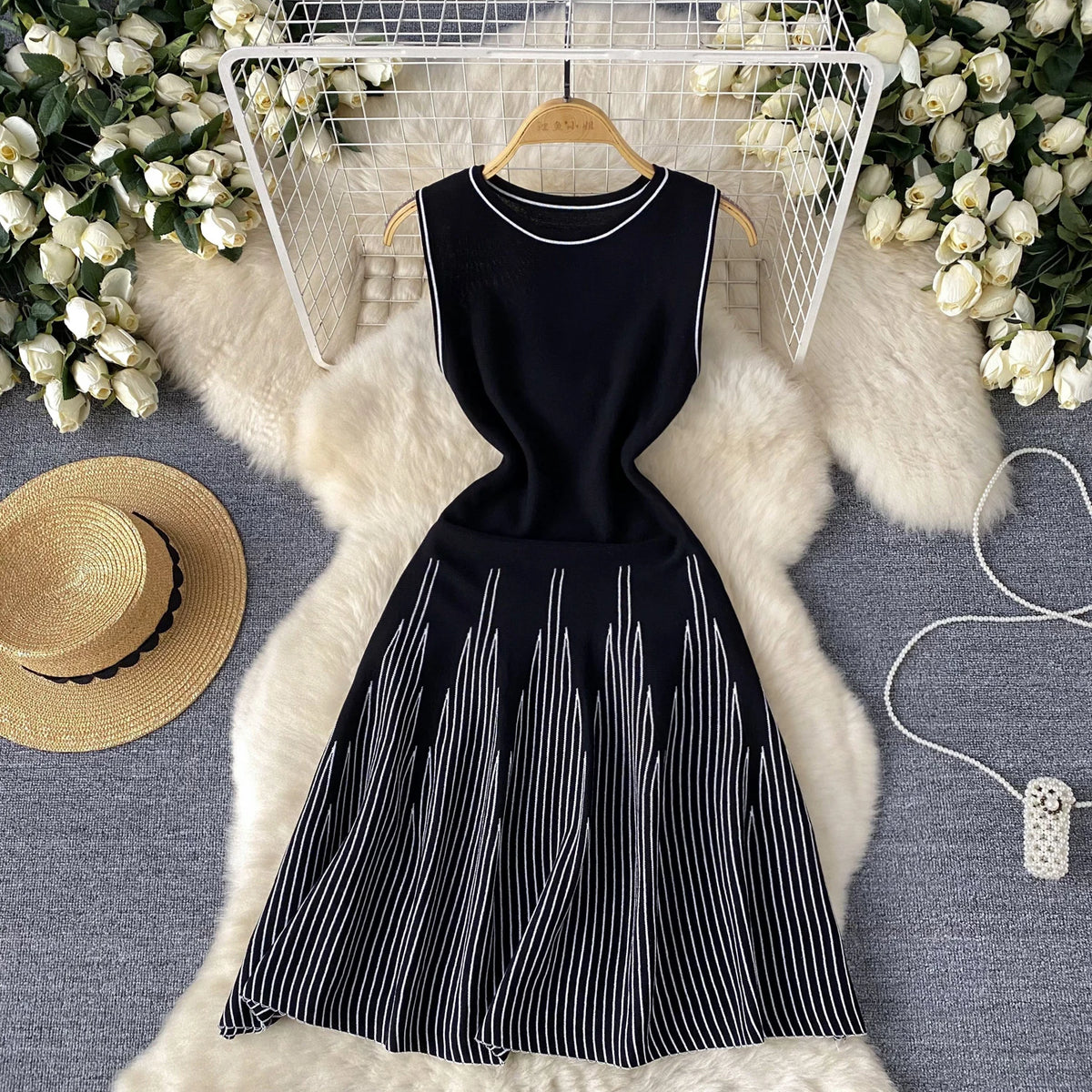 Striped Knit Sleeveless A-Line Dress