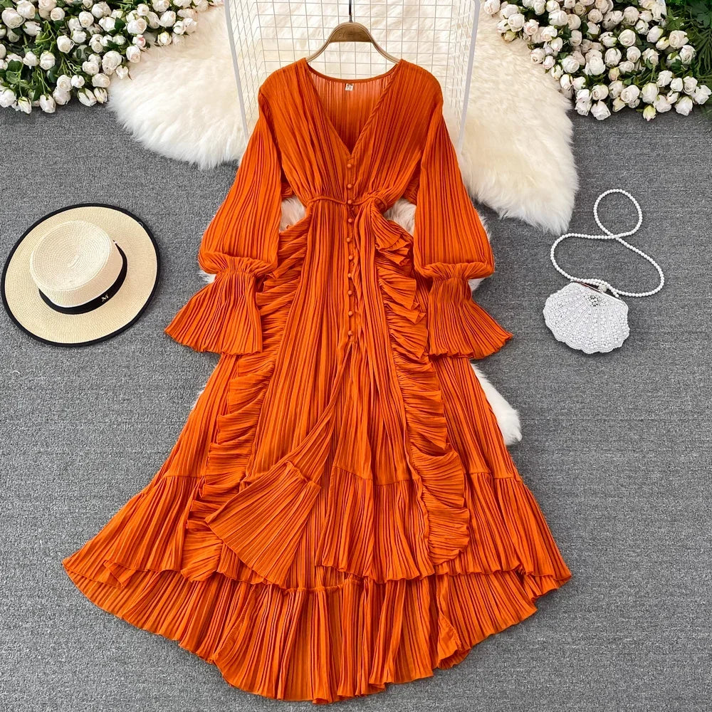 Ruffle V-Neck Long Sleeve A-Line Maxi Dress
