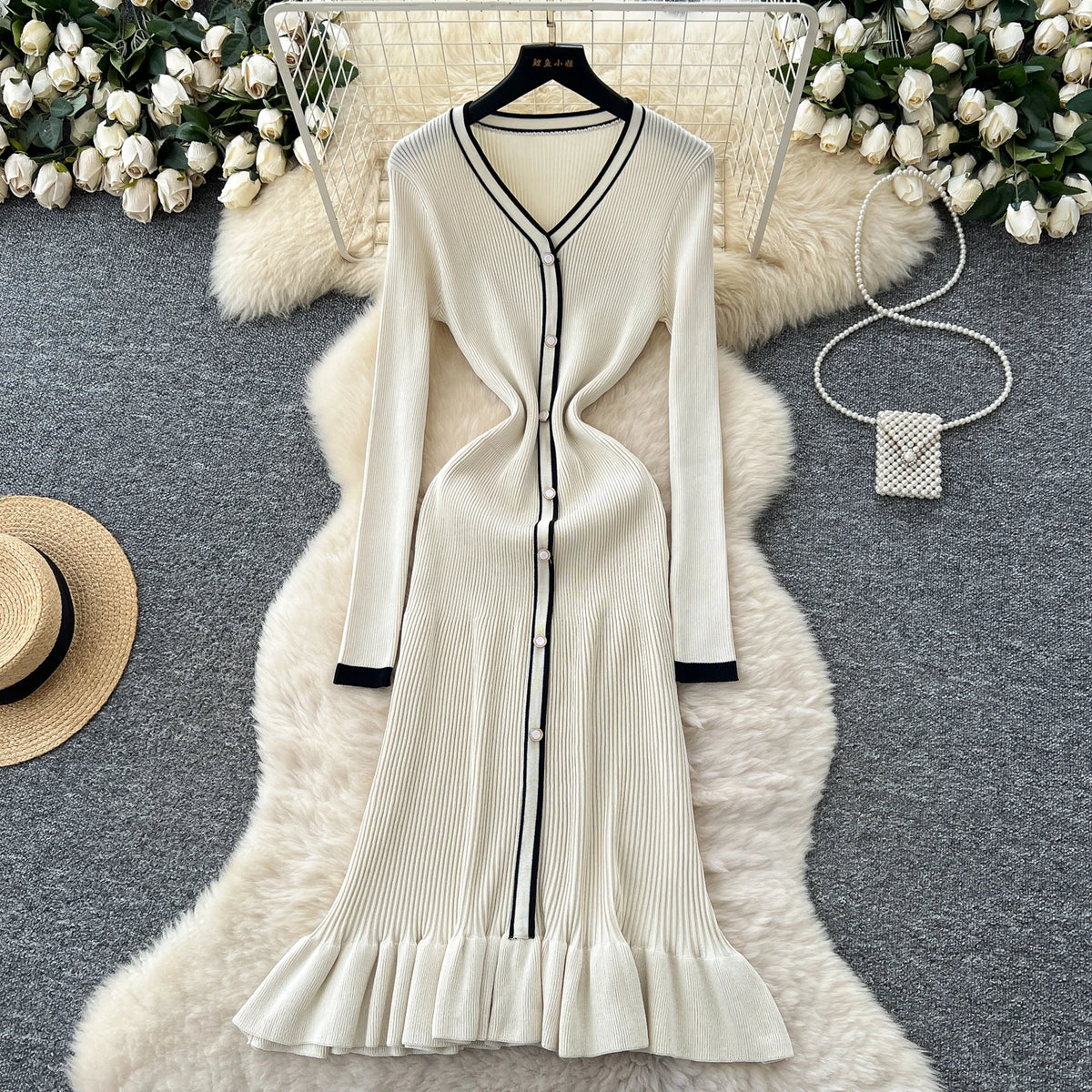 Ruffle Button Front Long Sleeve A-Line Dress