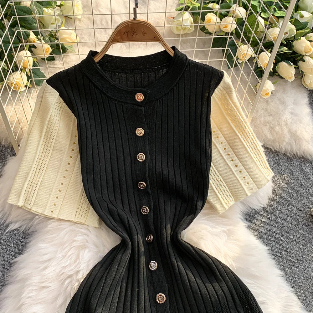 Patchwork Knit Slim Waist Maxi Dress