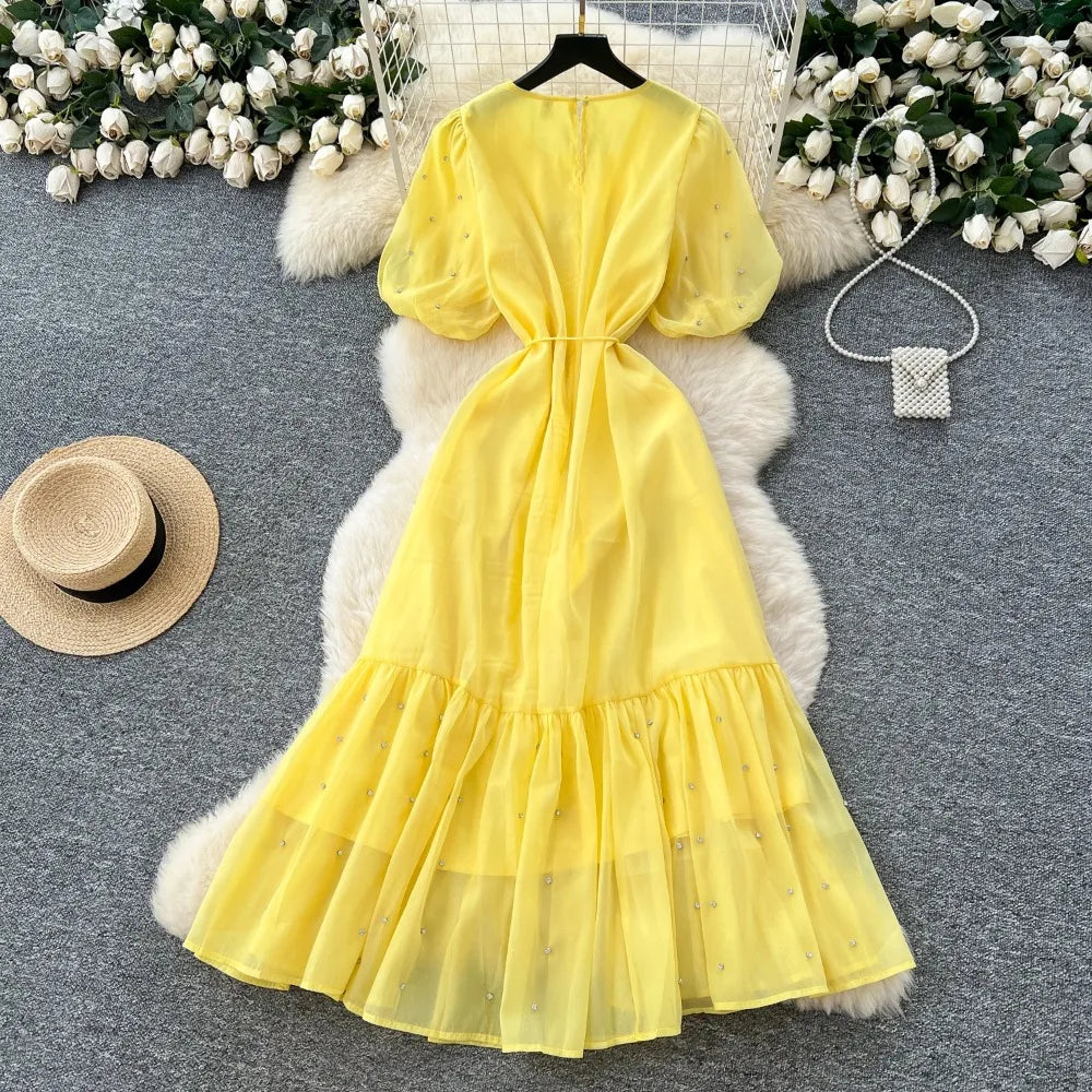 Rhinestone Mesh Lantern Sleeve Long Dress