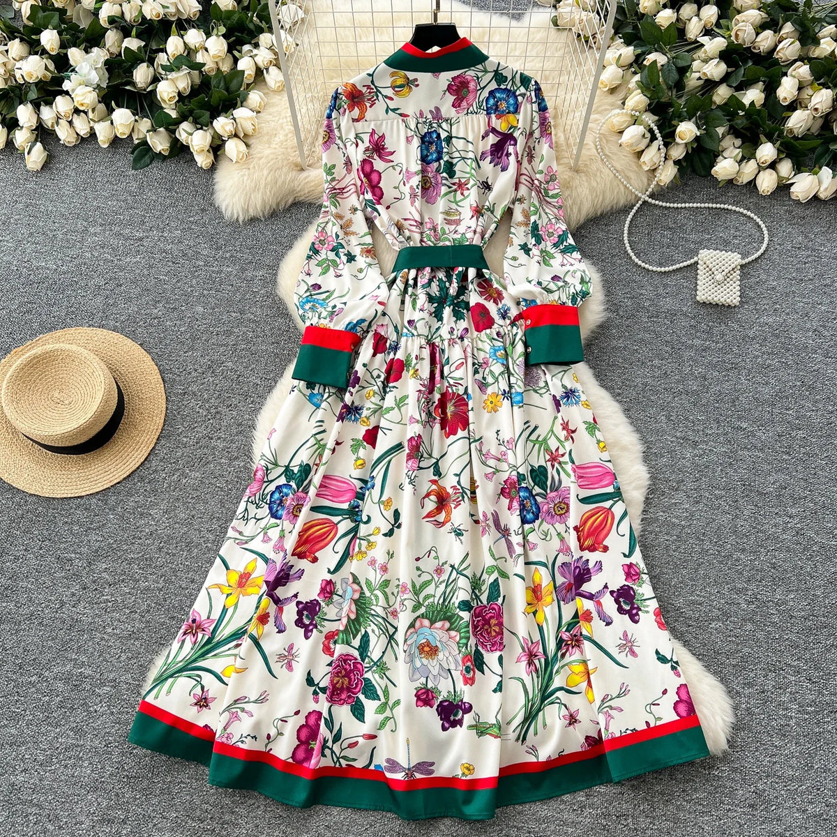 Stand Collar Print Button Front Maxi Dress