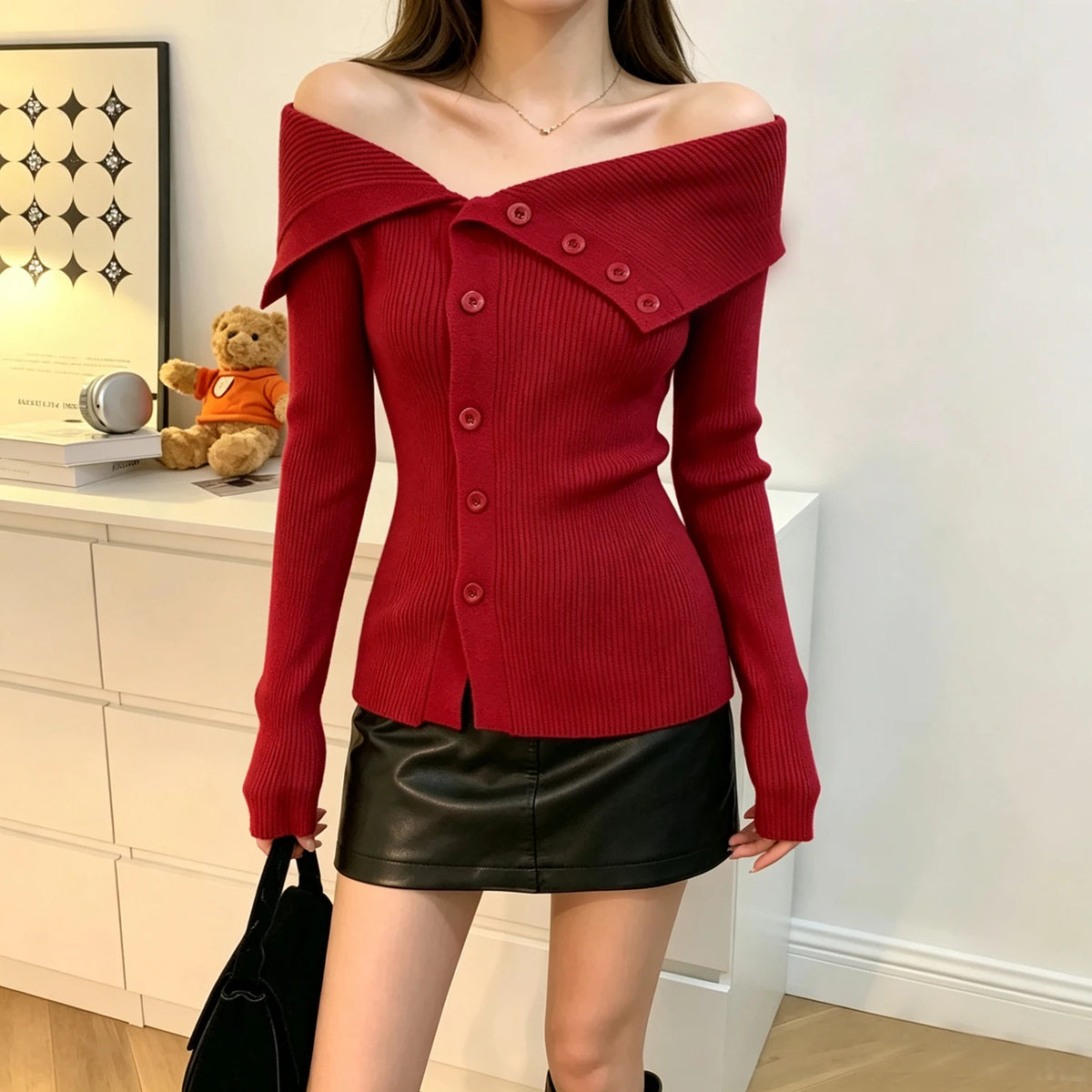 Off-Shoulder Button Knit Sweater