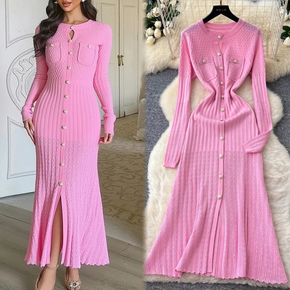 Button Front Knit Maxi Sweater Dress