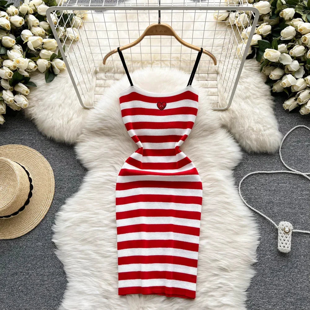 Embroidered Striped Knit Strappy Mini Dress