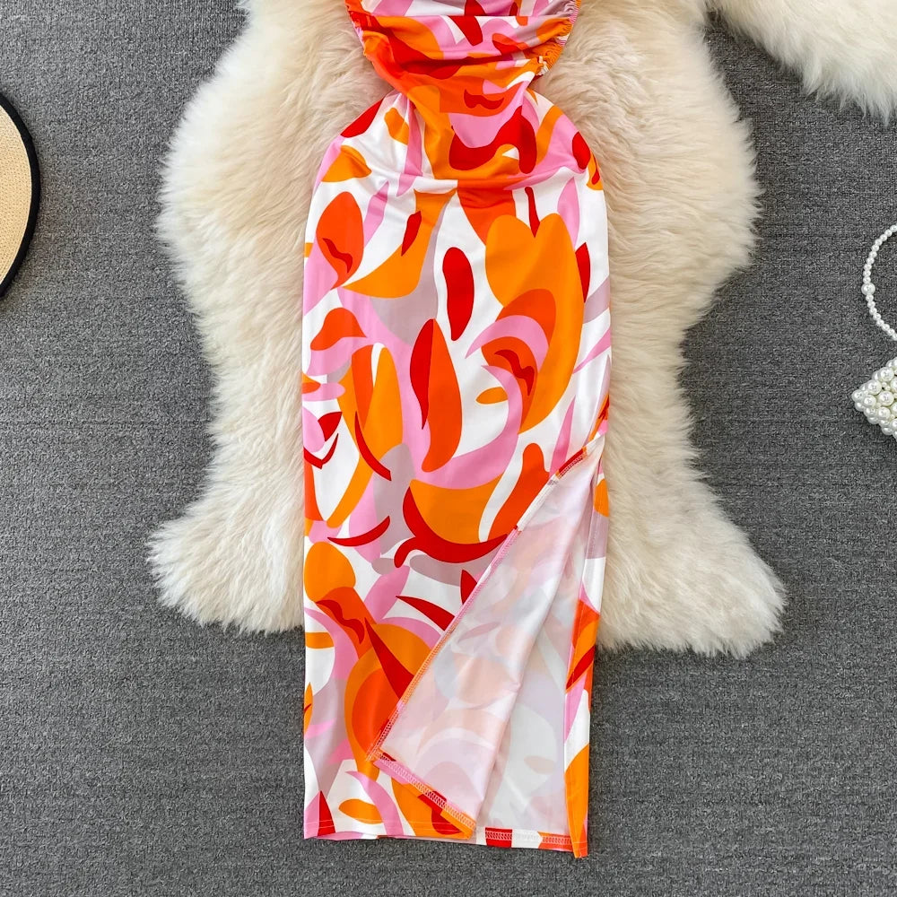 Print Lace Split Slip Dress