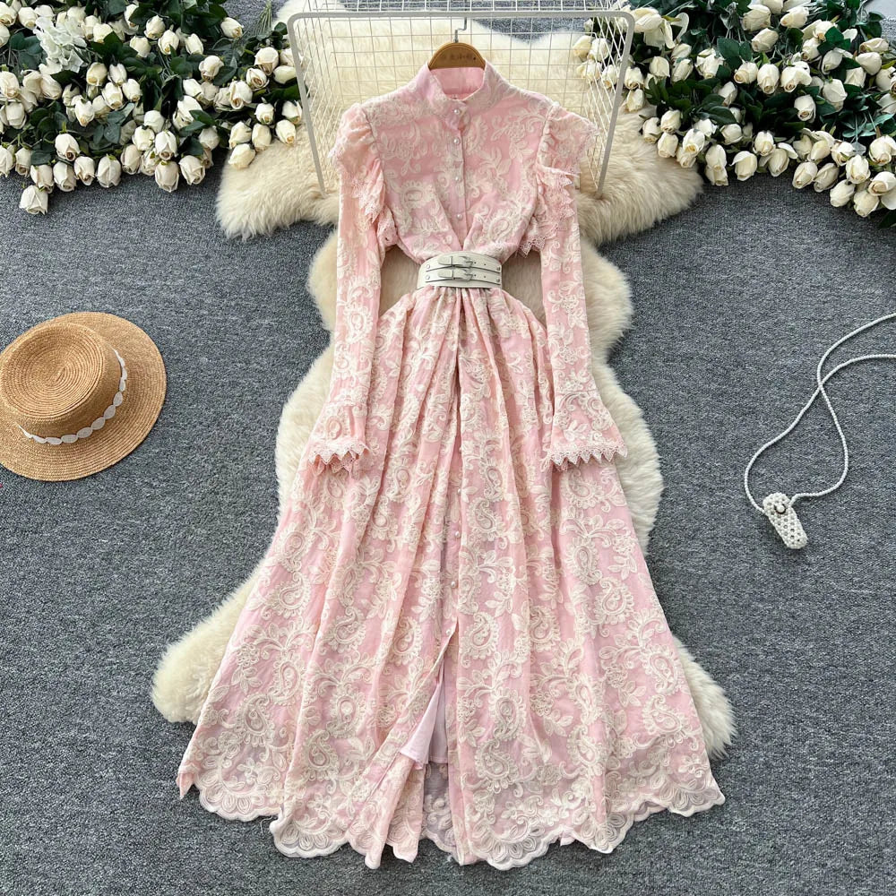 Ruffle Trim Button A-Line Dress