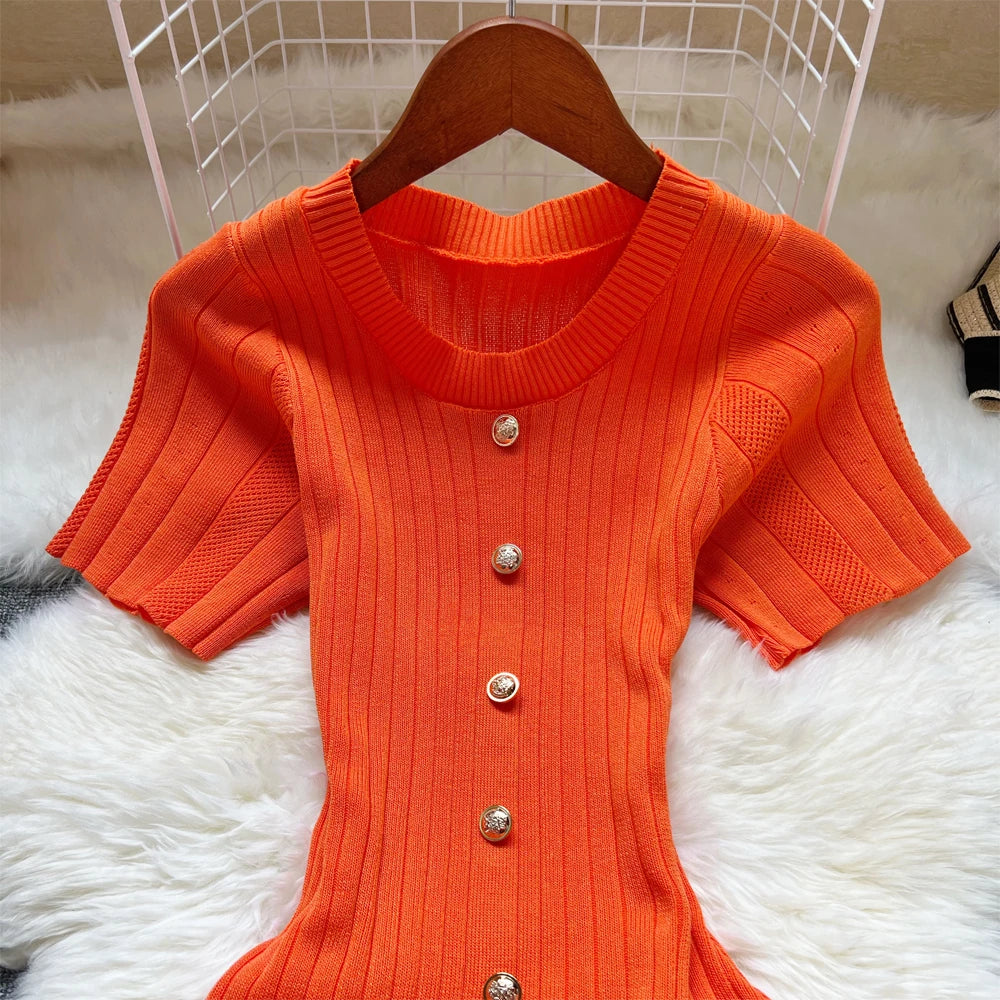 Button Front Knit Bodycon Maxi Dress