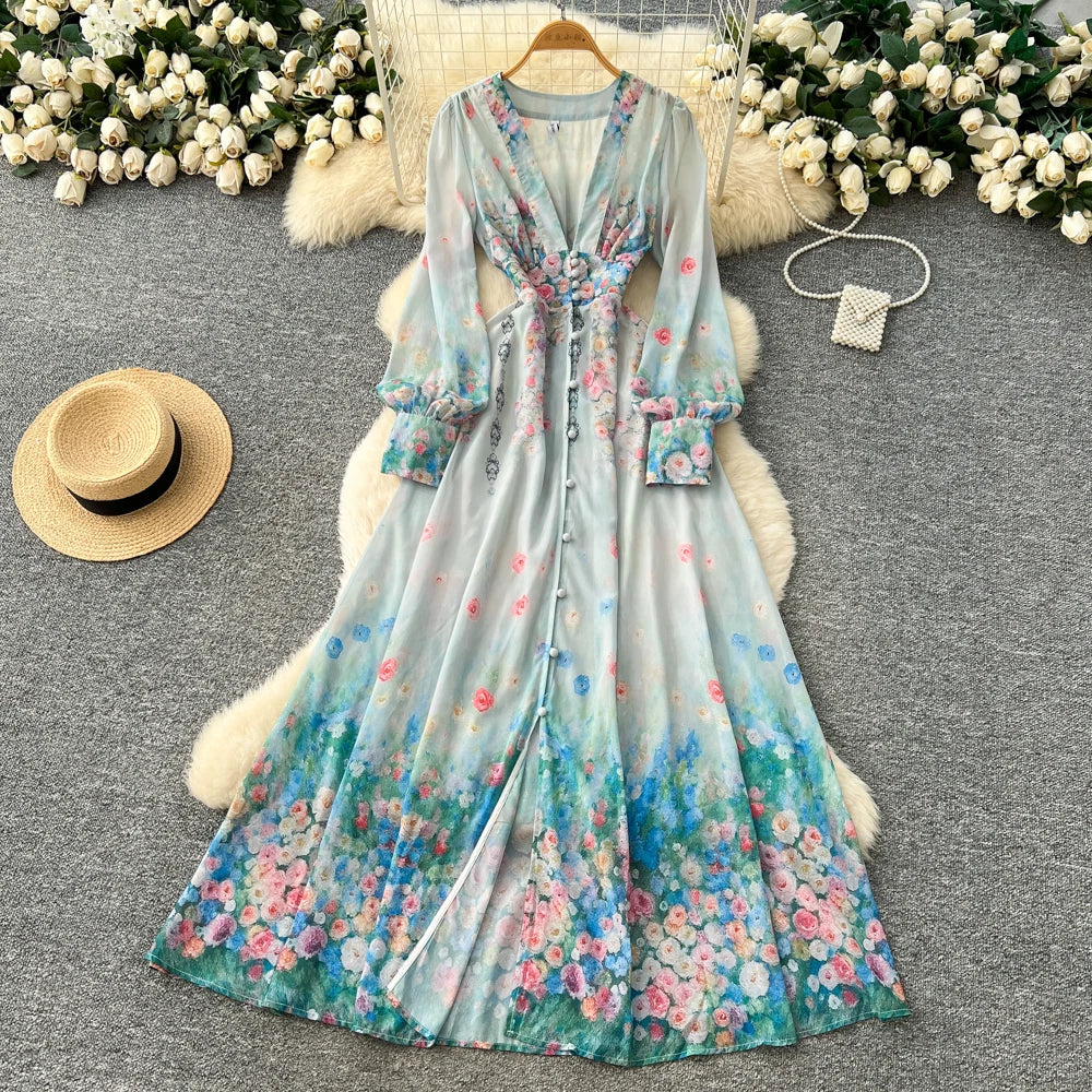 Split V-Neck Print Party Dress