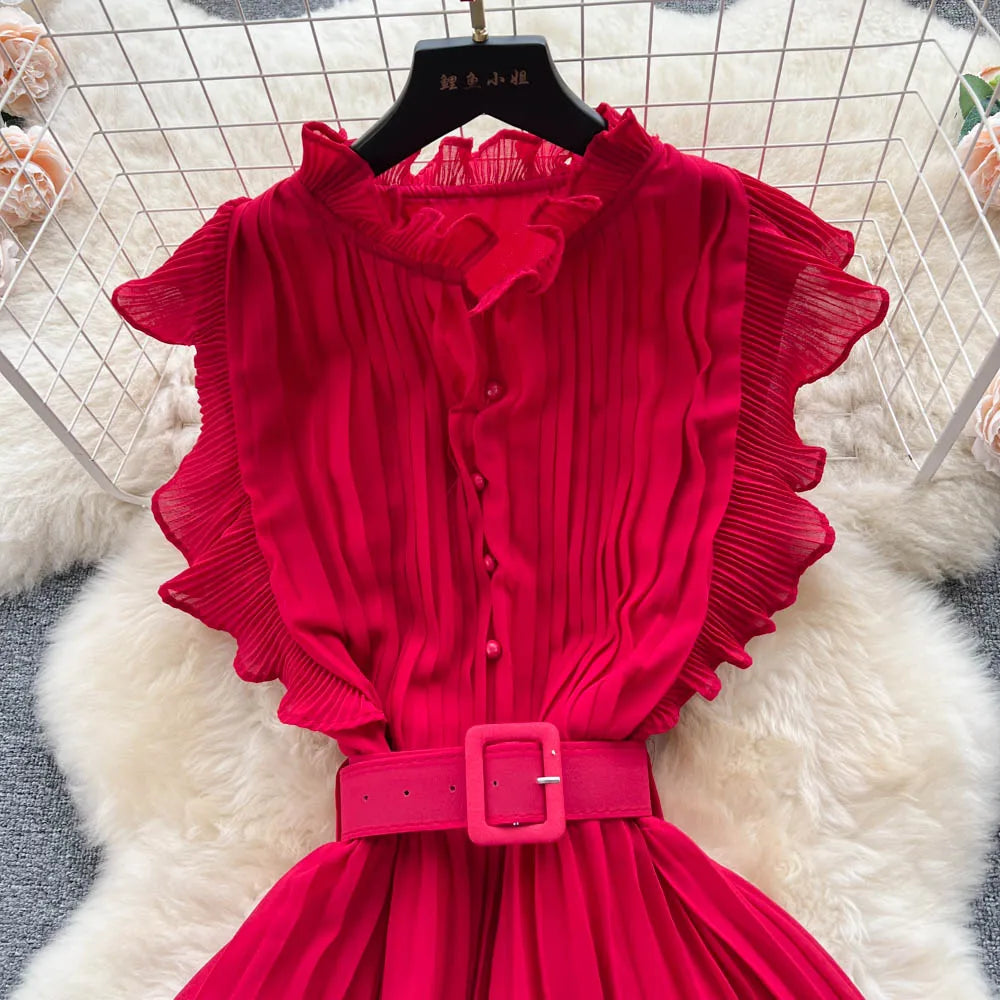 Belted Ruffle Sleeveless A-Line Dress