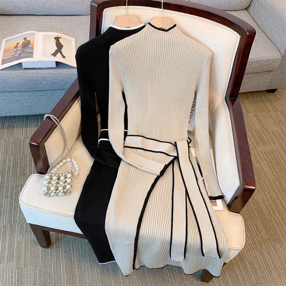Black Lace-Up Knit Bodycon Maxi Sweater Dress