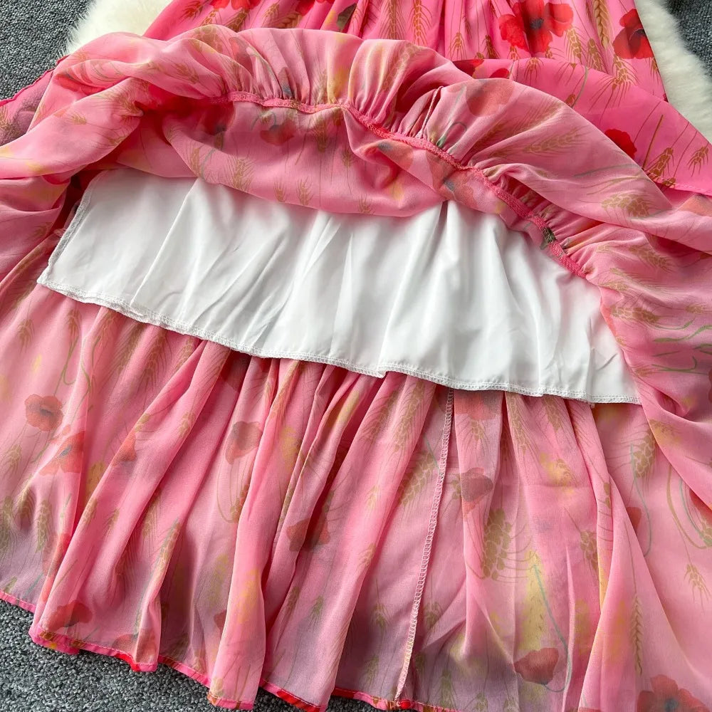 Vintage Print Bow Puff Sleeve Ruffle Dress