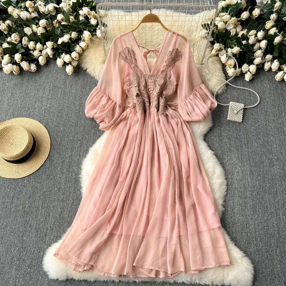 Lace Mesh Puff Sleeve V-Neck Dress