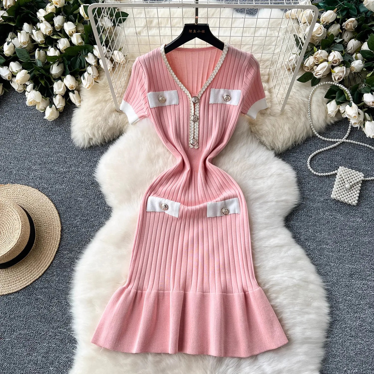 Buttoned Rib Knit Mermaid Party Dress