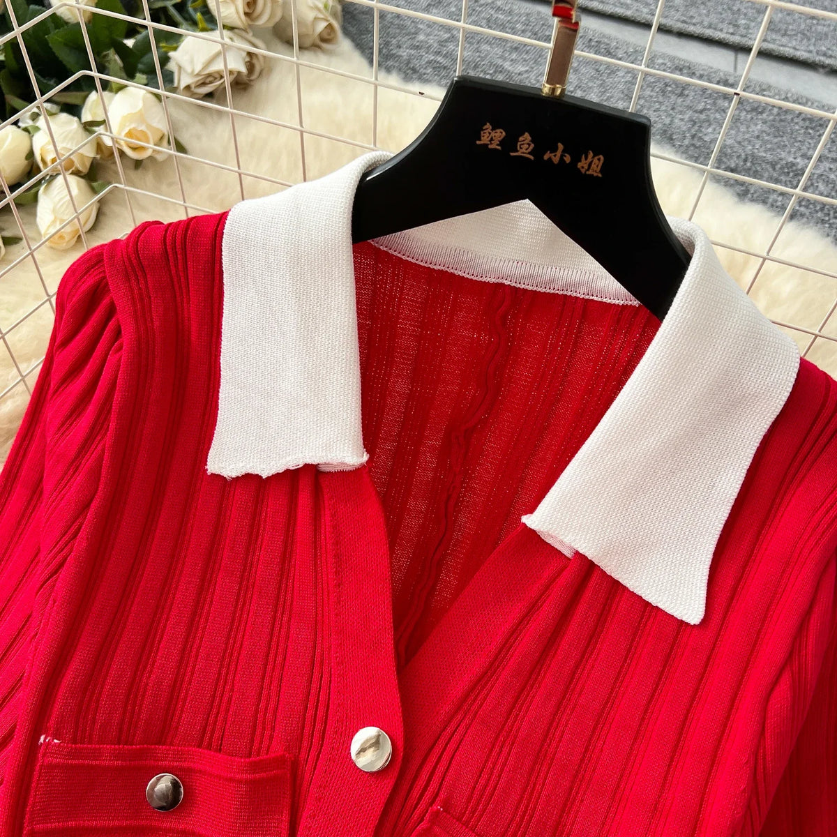 Patchwork Knit Collared Button Front Dress