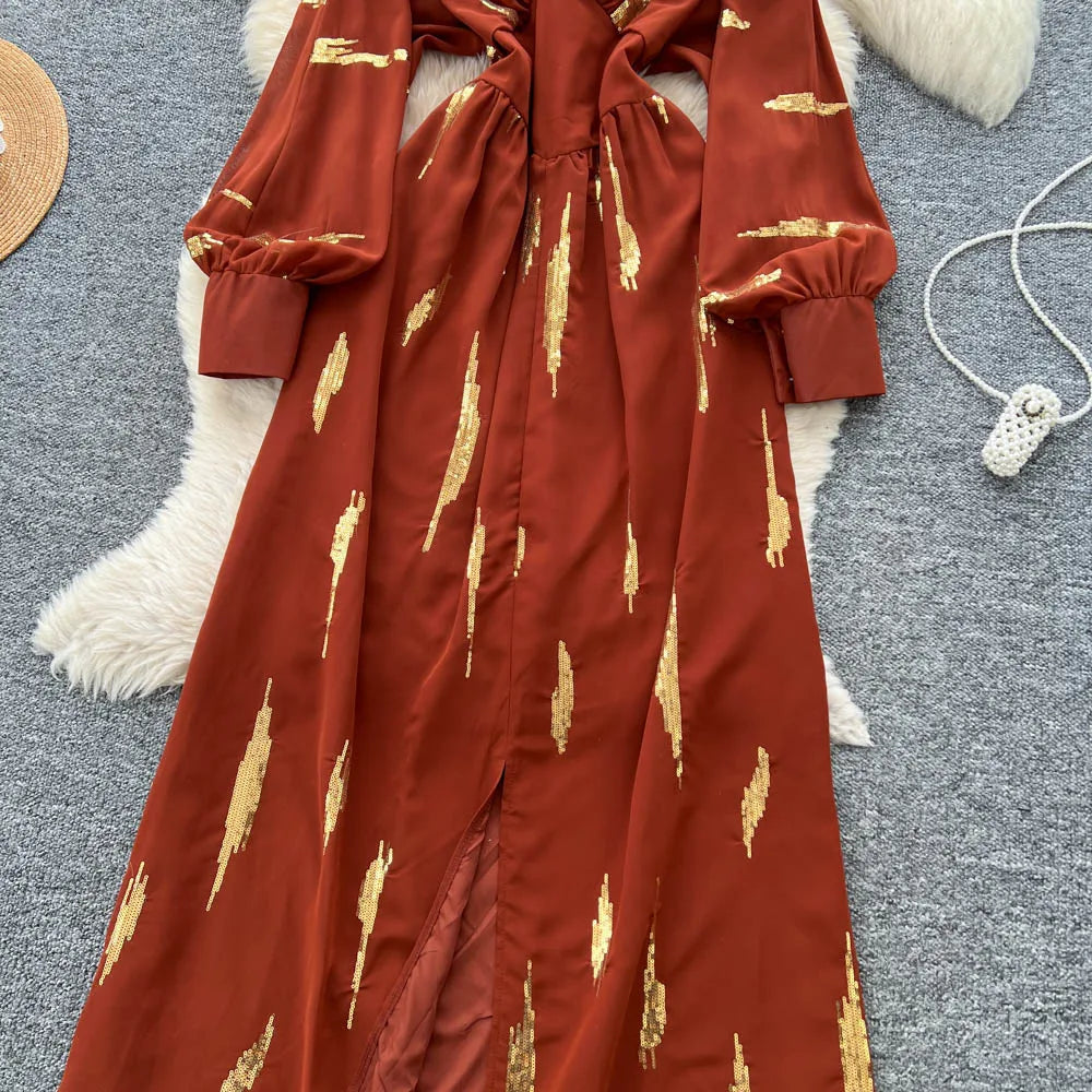 Embroidered Split V-Neck Long Sleeve Dress