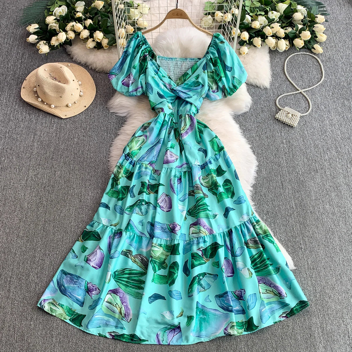 Slim V-Neck Print Evening Dress