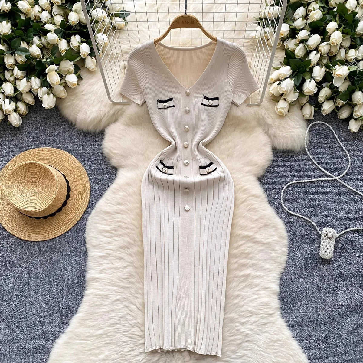 Stretch Knit V-Neck Button Bodycon Dress
