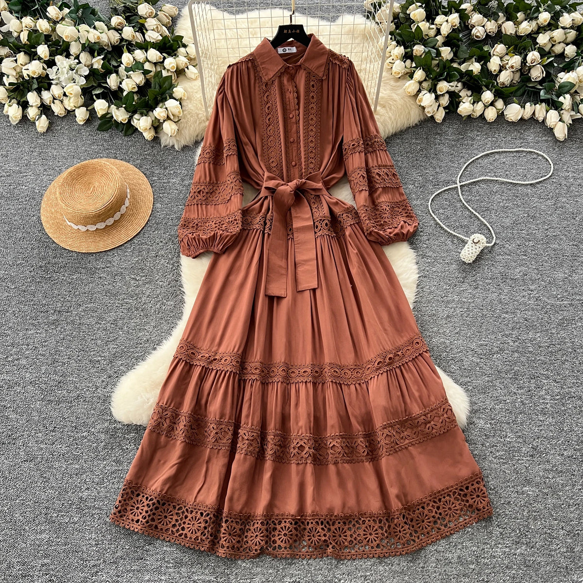 Lace-Up Single Breasted Lace Long Dress