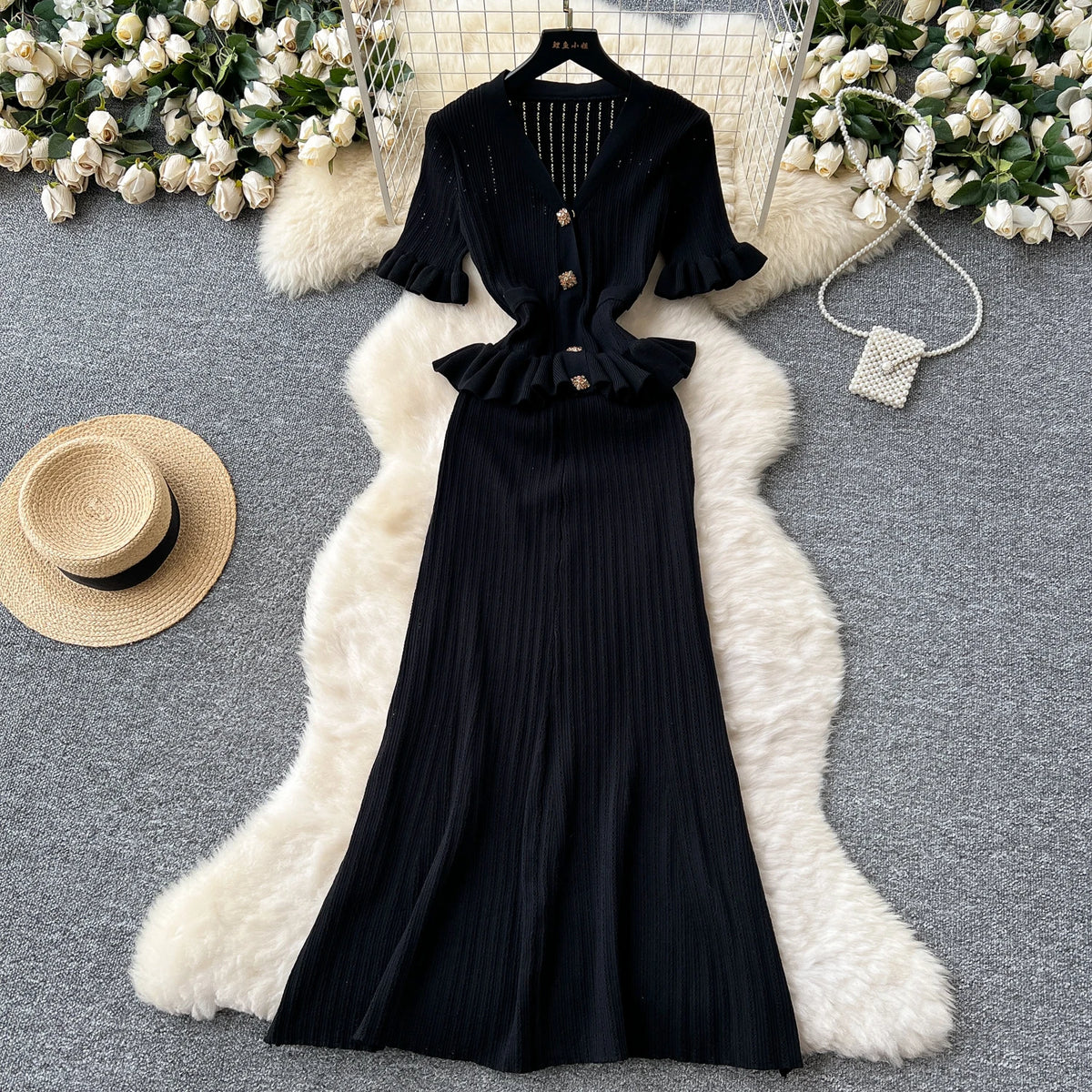 Knit Ruffle Single Breasted A-Line Dress