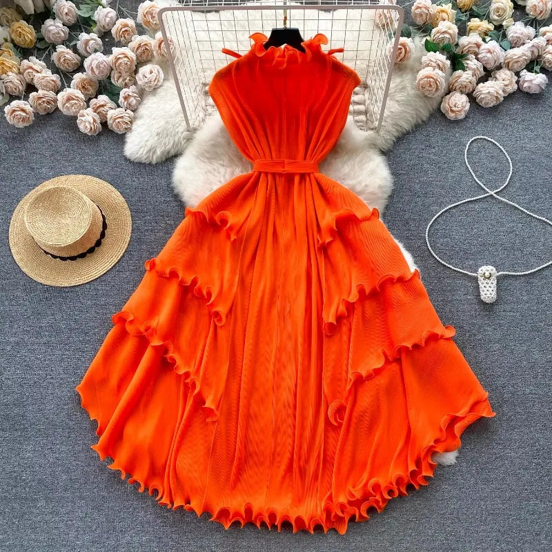 Ruffle Trim Stand Collar Chiffon Long Dress
