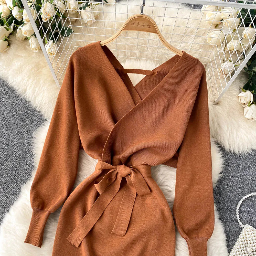Sash Tie Knit Bodycon Mini Dress