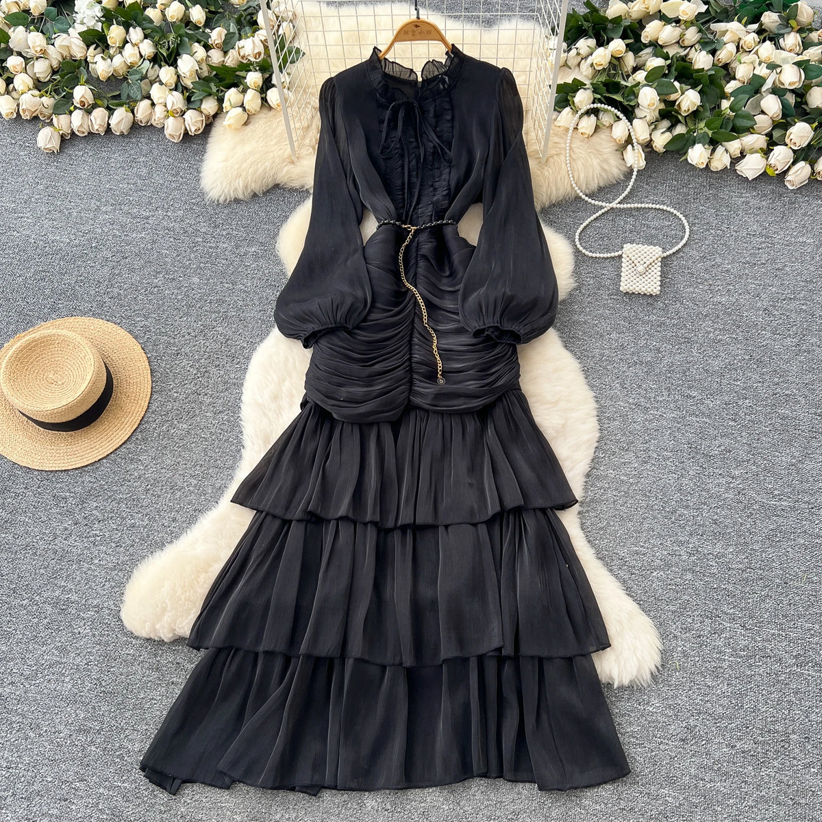 Vintage Ruffle Lace-Up Maxi Dress