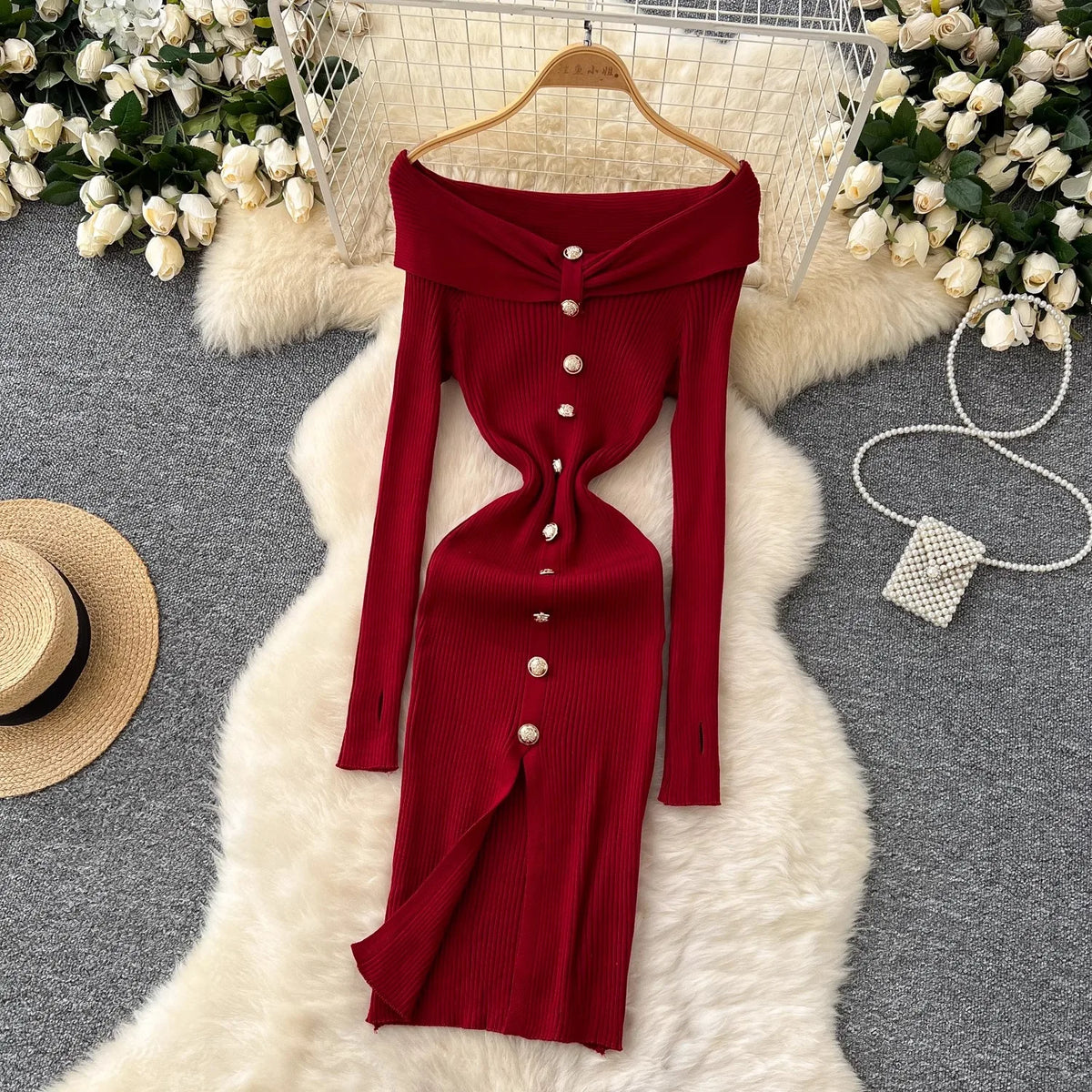 Off-Shoulder Button Slit Knit Bodycon Dress