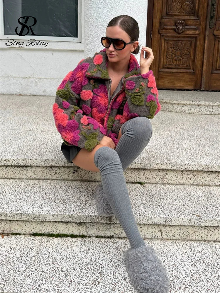 Floral Fleece Zip Collared Jacket