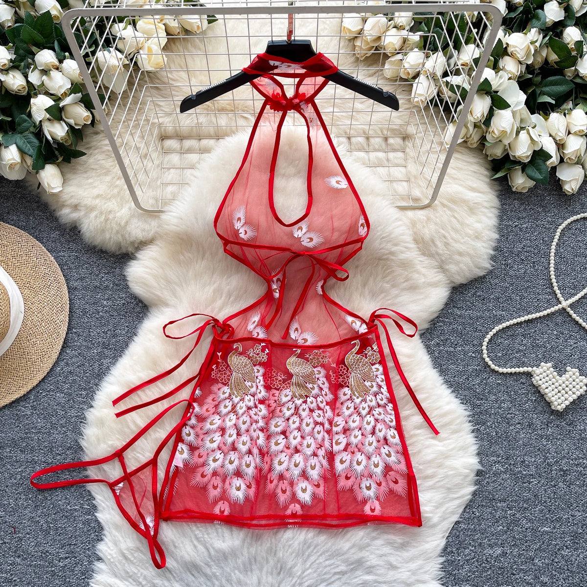 Sheer Mesh Ruched Halter Mini Dress