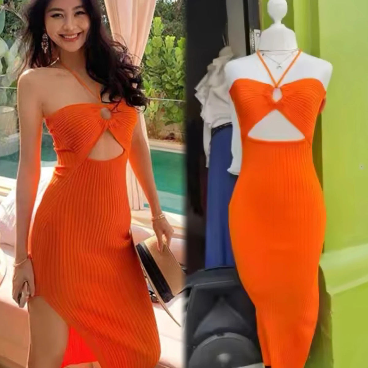 Halter Split Knit Bodycon Maxi Dress