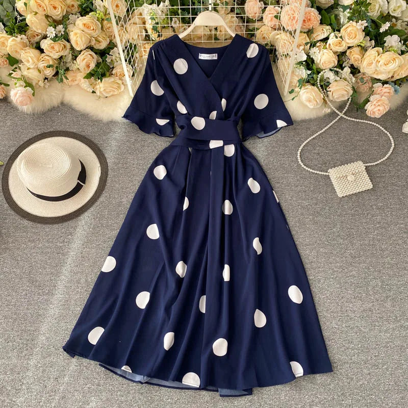 Polka Dot Tie Waist V-Neck Dress