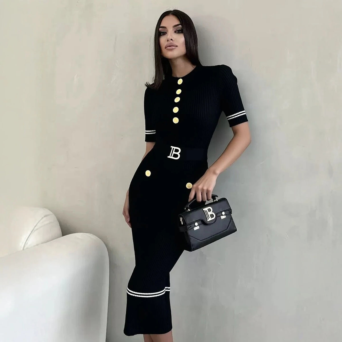 Belted Button Knit Bodycon Maxi Dress