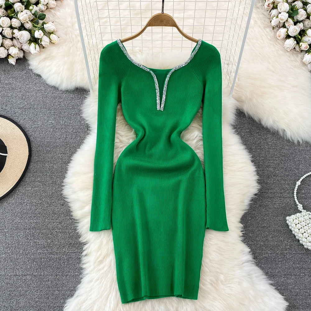 Glitter Knit V-Neck Bodycon Dress