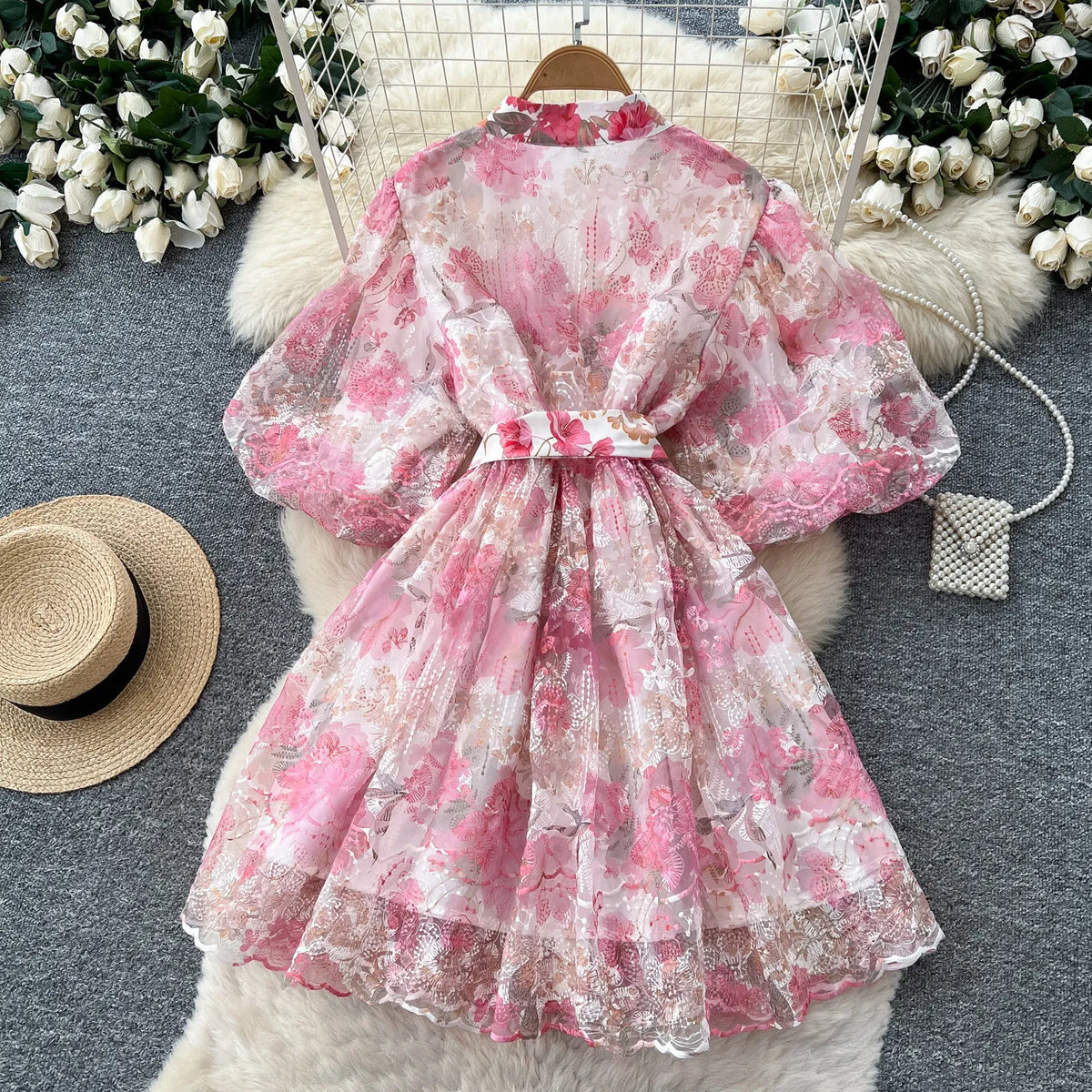 Floral Embroidered Puff Sleeve Tulle Mini Dress