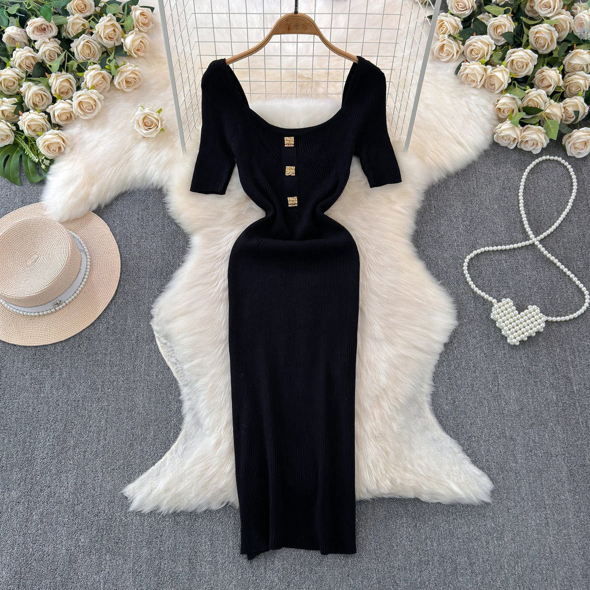 Square Neck Knit Short Sleeve Bodycon Dress