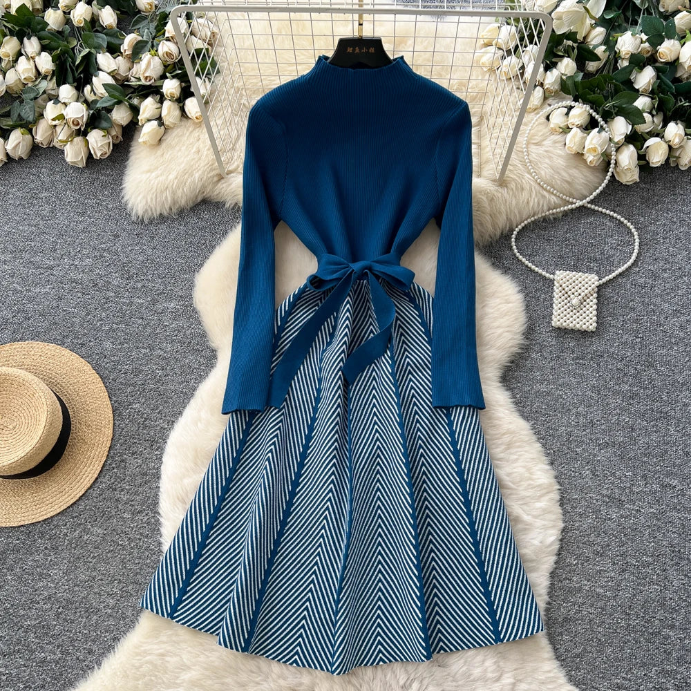 Spliced Knit Long Sleeve Party Dress