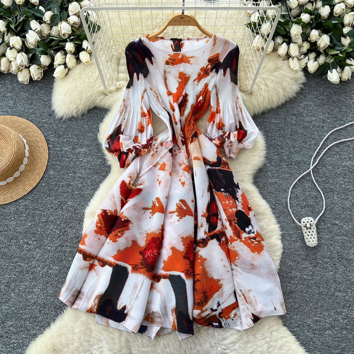 Print Lantern Sleeve High Waist A-Line Dress