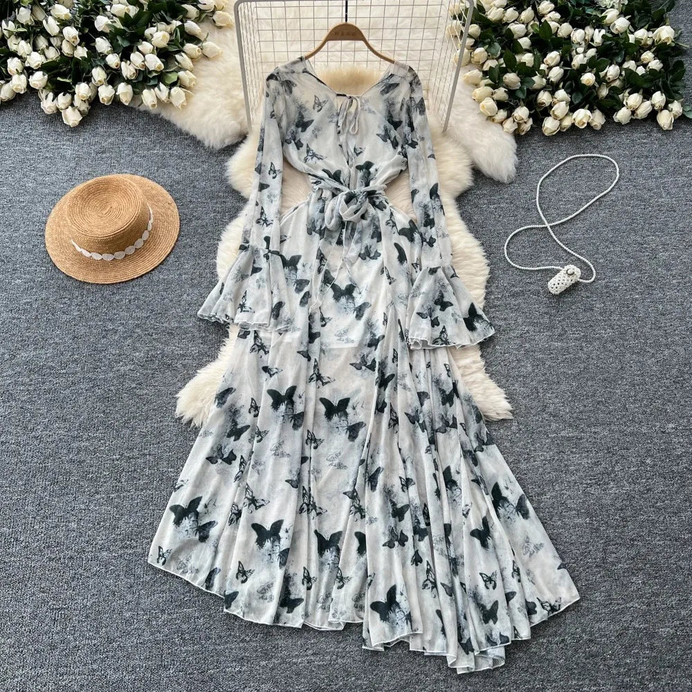 Asymmetric Print Flare Sleeve A-Line Dress