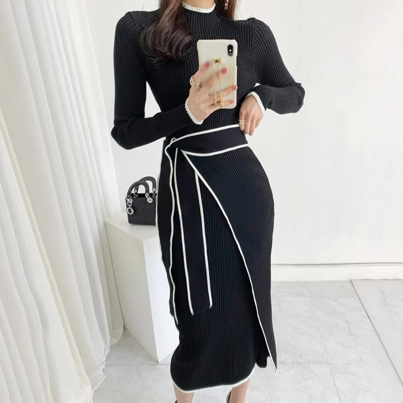 Lace-Up Turtleneck Rib Knit Maxi Dress