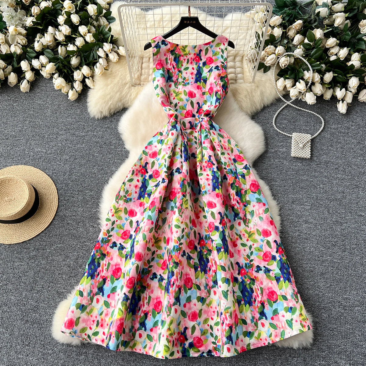 Belted Print Sleeveless A-Line Dress
