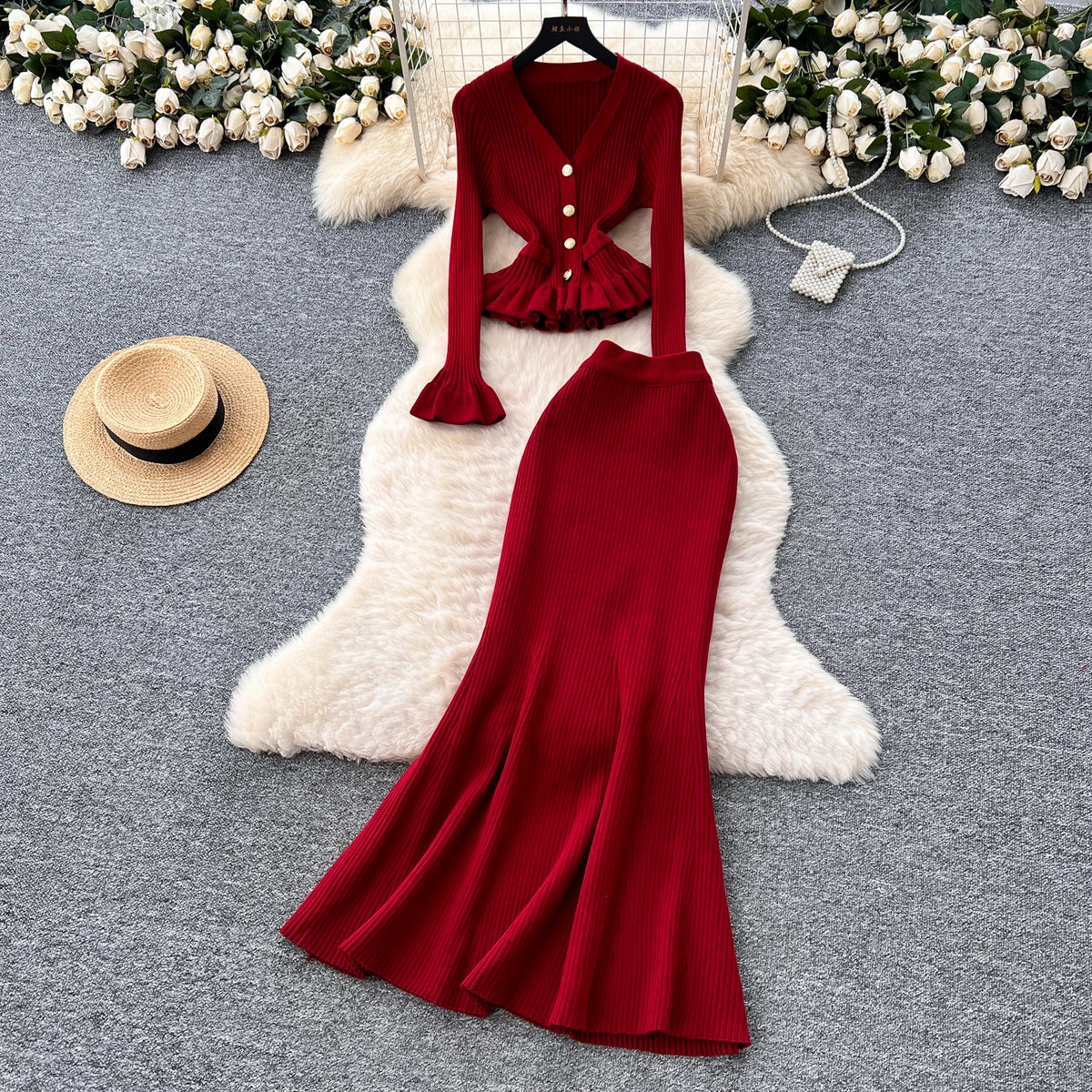 Knit Button Pleated Mermaid Dress