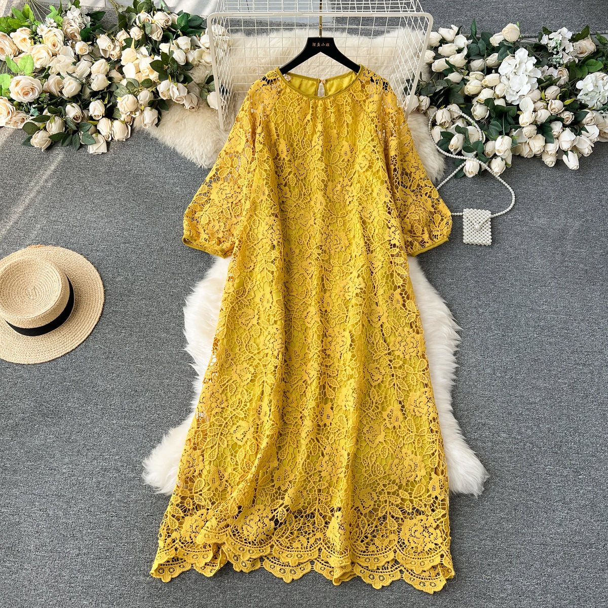 Crochet Lace Chiffon A-Line Dress