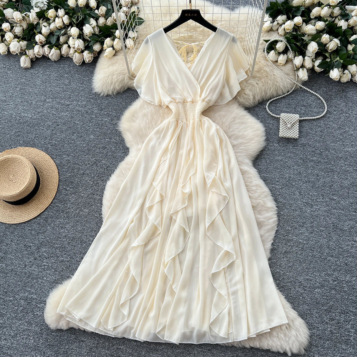 Criss-Cross Chiffon Short Sleeve Gown