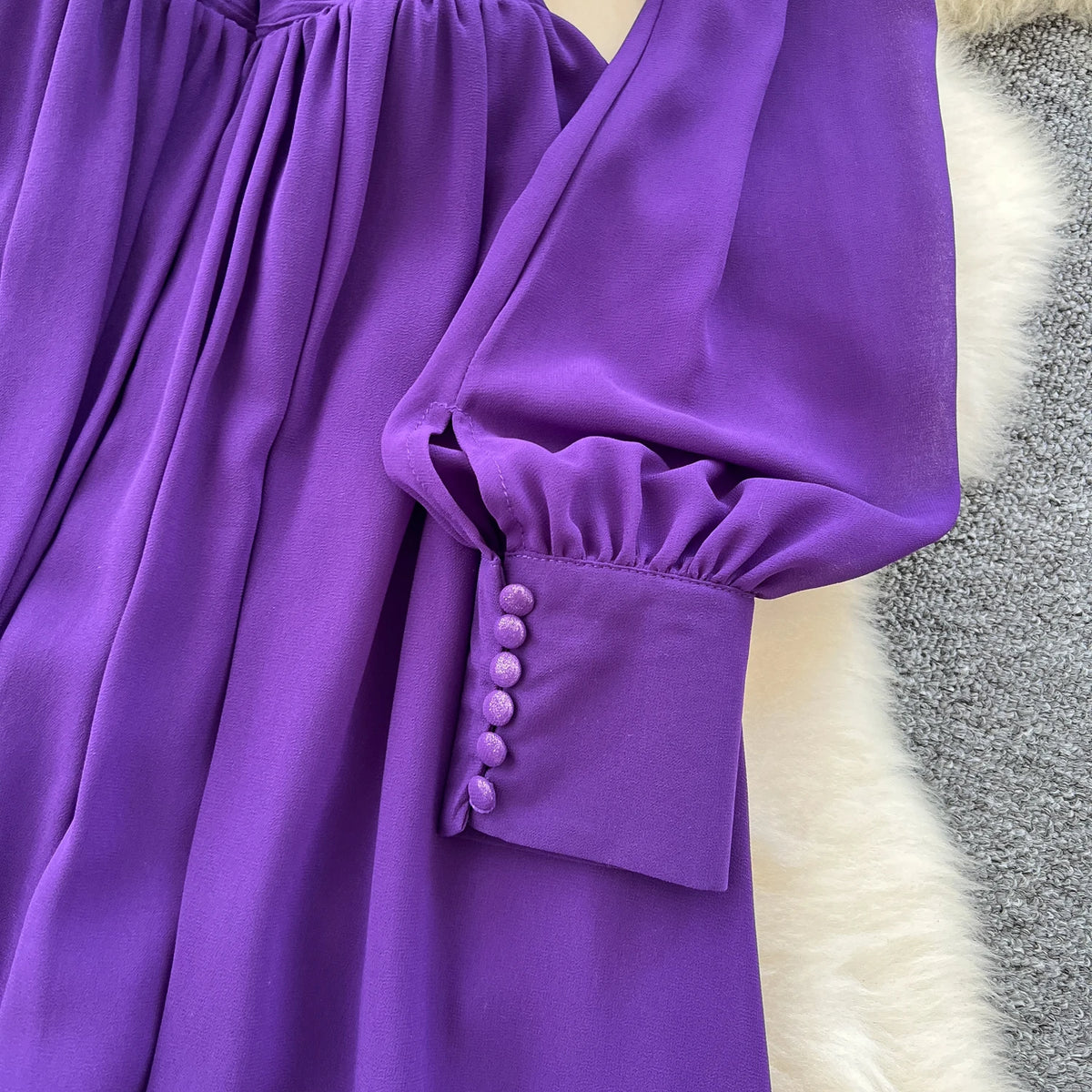 V-Neck Lantern Sleeve Long Dress