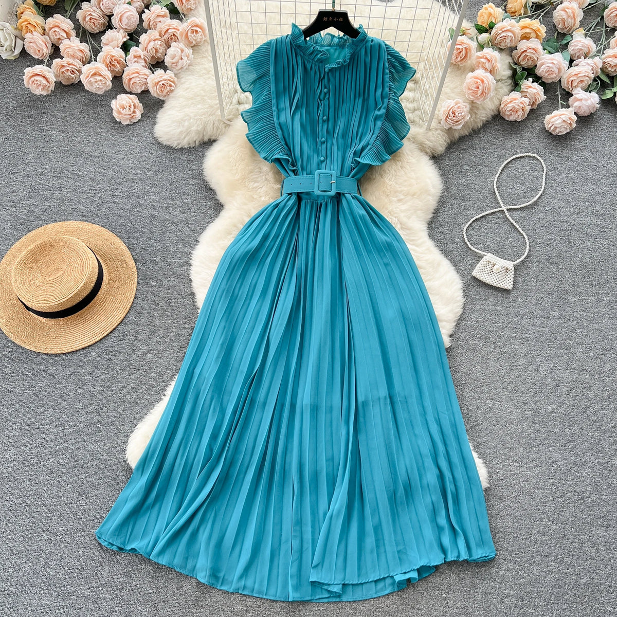 Belted Ruffle Sleeveless A-Line Dress