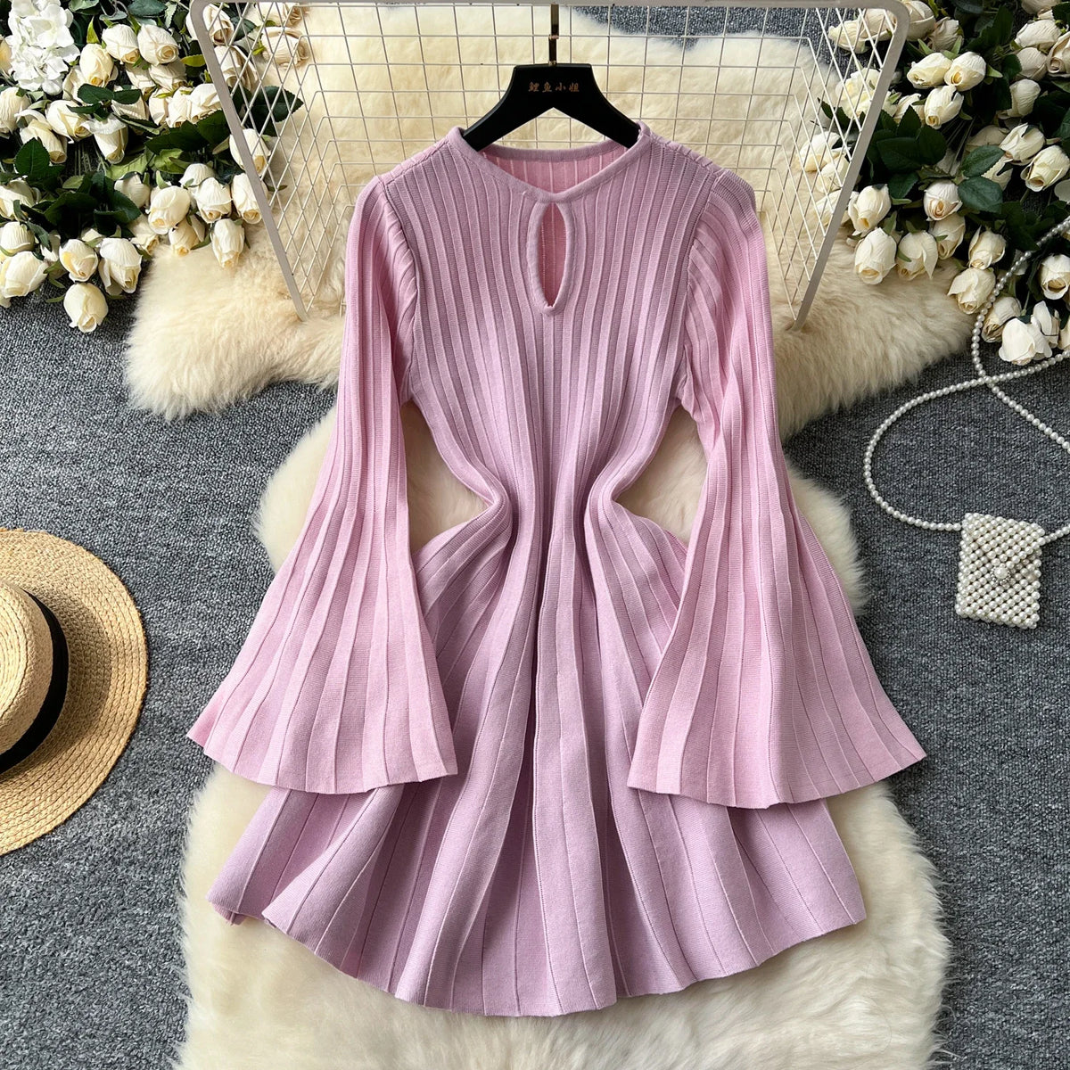 Openwork Knit Flare Sleeve A-Line Dress
