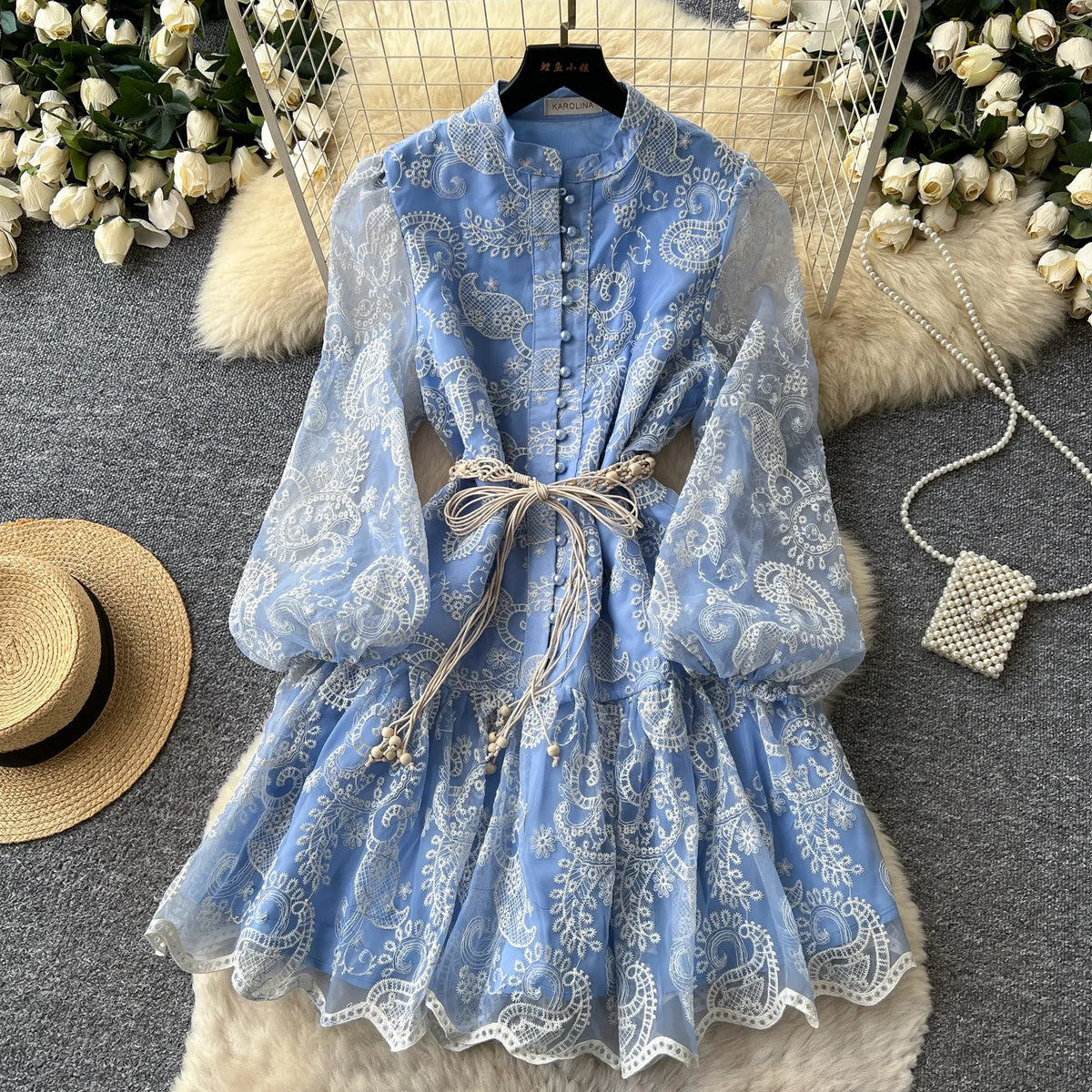 Embroidered Puff Sleeve A-Line Mini Dress