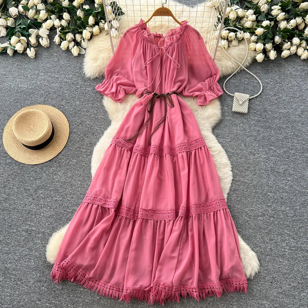 Pleated Ruched Lace-Up Short Sleeve Dress